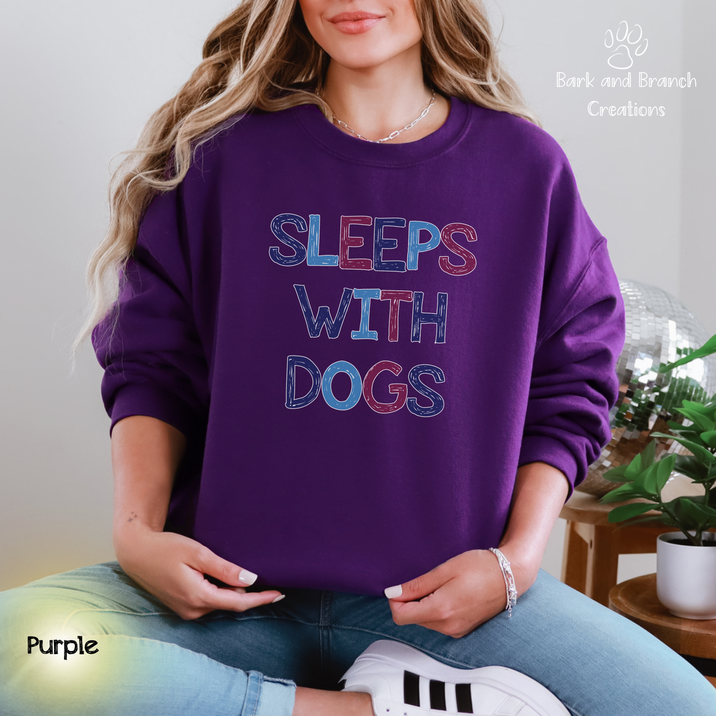 Sleeps With Dogs Crewneck Sweatshirt | Funny Dog Mom Sweater | Dog Dad Pullover | Dog Lover Gift | Support Rescue Efforts