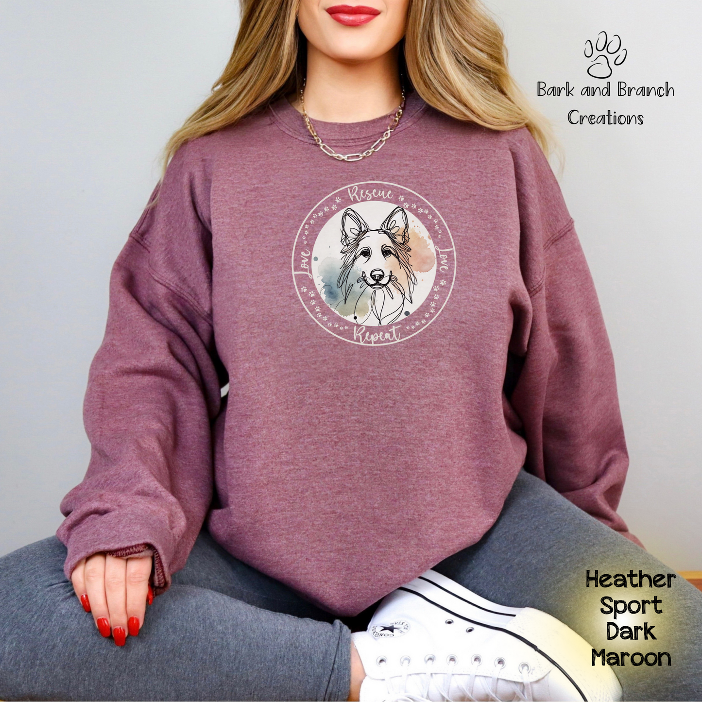 Rescue Love Repeat Crewneck Sweatshirt | Variety of Breeds | Dog Mom Dad Gift | Dog Lover | Support Rescue Efforts