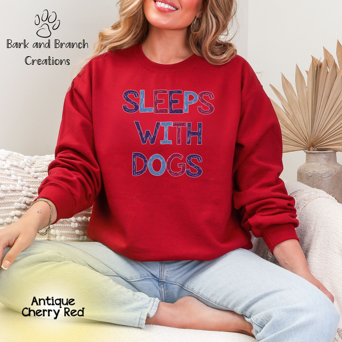 Sleeps With Dogs Crewneck Sweatshirt | Funny Dog Mom Sweater | Dog Dad Pullover | Dog Lover Gift | Support Rescue Efforts