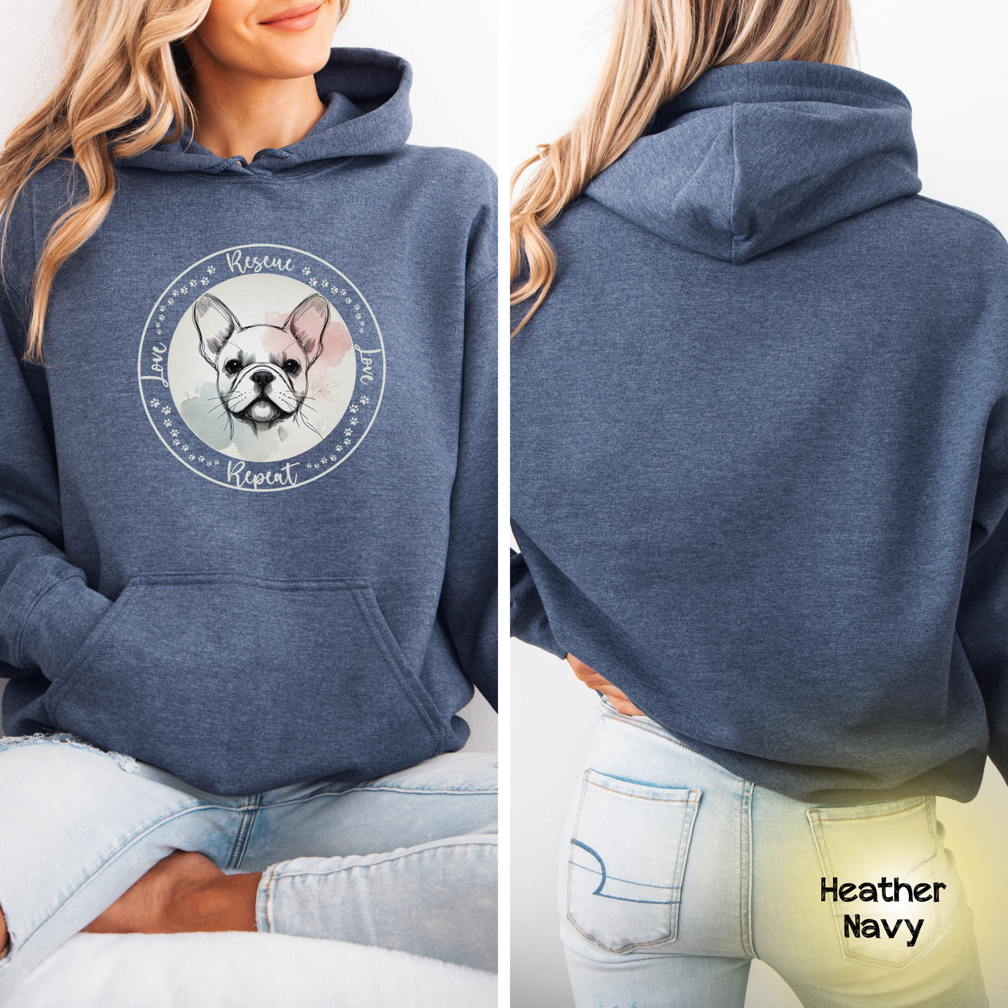 Rescue Love Repeat Hooded Sweatshirt Hoodie | Variety of Breeds | Dog Mom Dad Gift | Dog Lover | Support Rescue Efforts