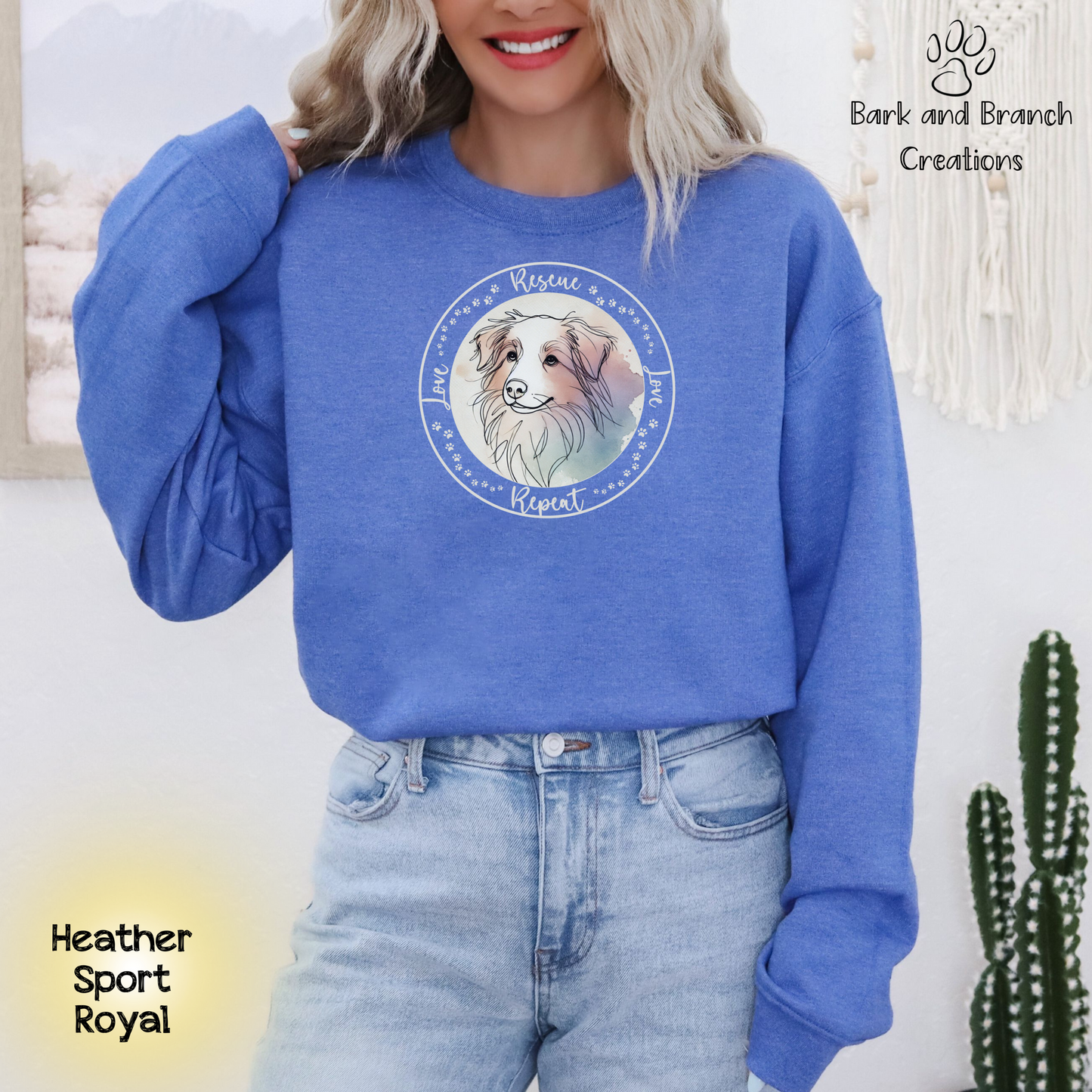 Rescue Love Repeat Crewneck Sweatshirt | Variety of Breeds | Dog Mom Dad Gift | Dog Lover | Support Rescue Efforts