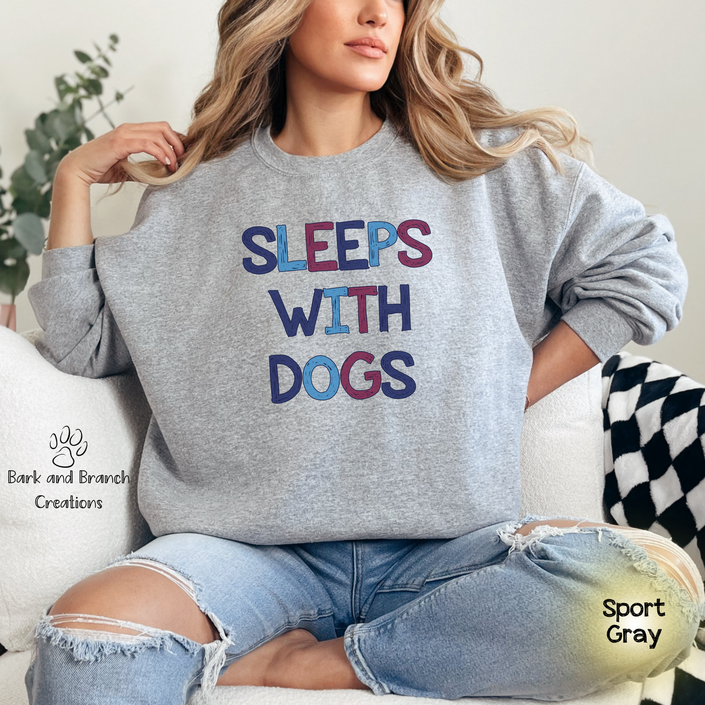 Sleeps With Dogs Crewneck Sweatshirt | Funny Dog Mom Sweater | Dog Dad Pullover | Dog Lover Gift | Support Rescue Efforts