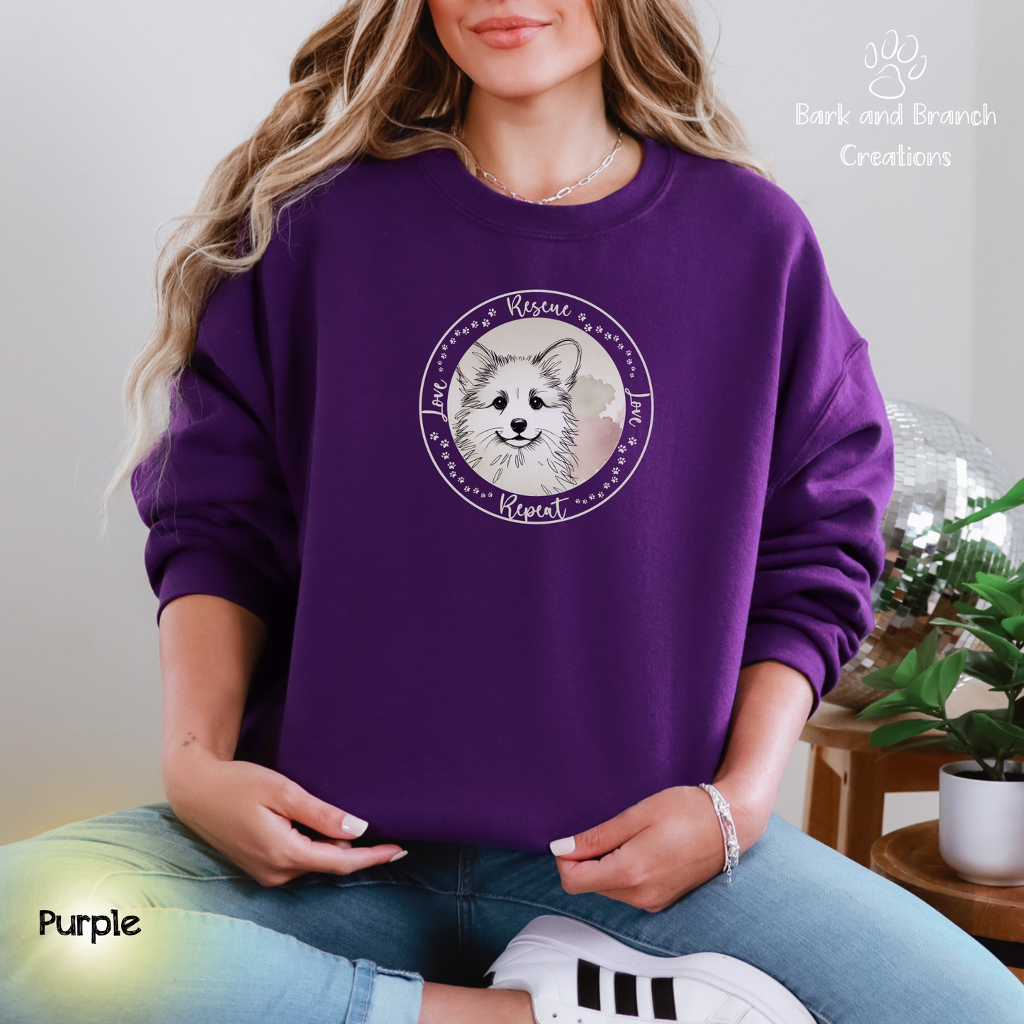 Rescue Love Repeat Crewneck Sweatshirt | Variety of Breeds | Dog Mom Dad Gift | Dog Lover | Support Rescue Efforts