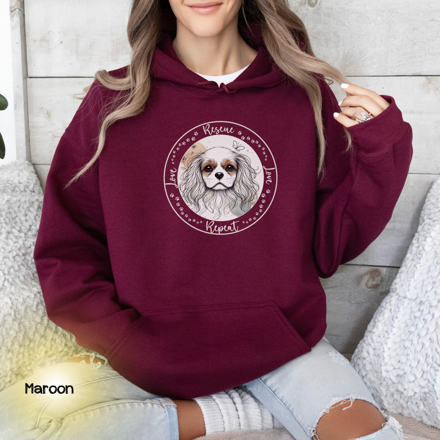 Rescue Love Repeat Hooded Sweatshirt Hoodie | Variety of Breeds | Dog Mom Dad Gift | Dog Lover | Support Rescue Efforts