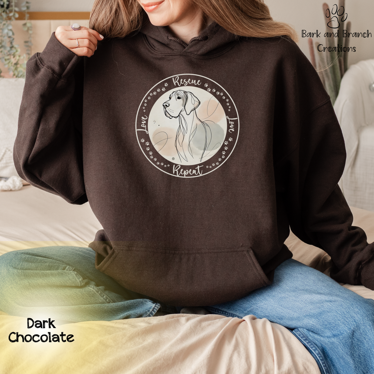 Rescue Love Repeat Hooded Sweatshirt Hoodie | Variety of Breeds | Dog Mom Dad Gift | Dog Lover | Support Rescue Efforts