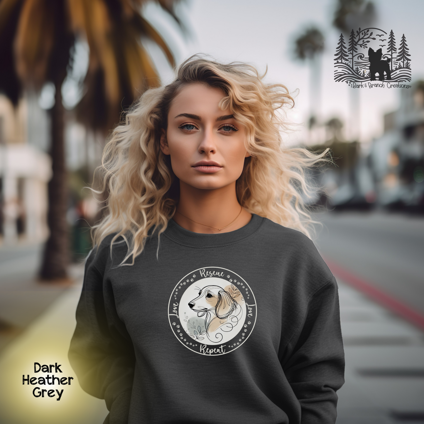 Rescue Love Repeat Crewneck Sweatshirt | Variety of Breeds | Dog Mom Dad Gift | Dog Lover | Support Rescue Efforts