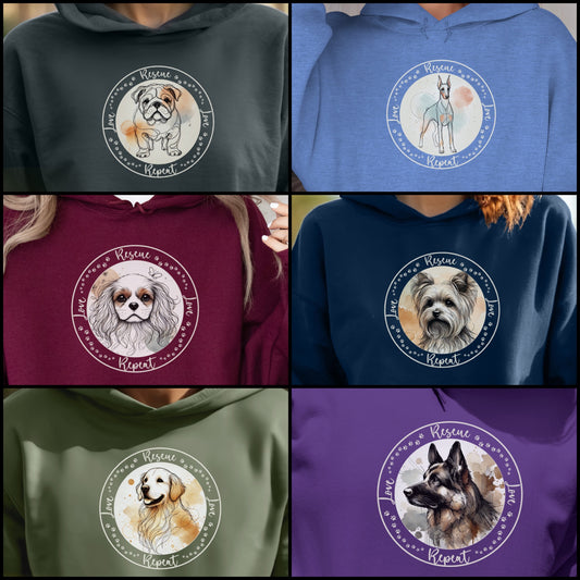 Rescue Love Repeat Hooded Sweatshirt Hoodie | Variety of Breeds | Dog Mom Dad Gift | Dog Lover | Support Rescue Efforts