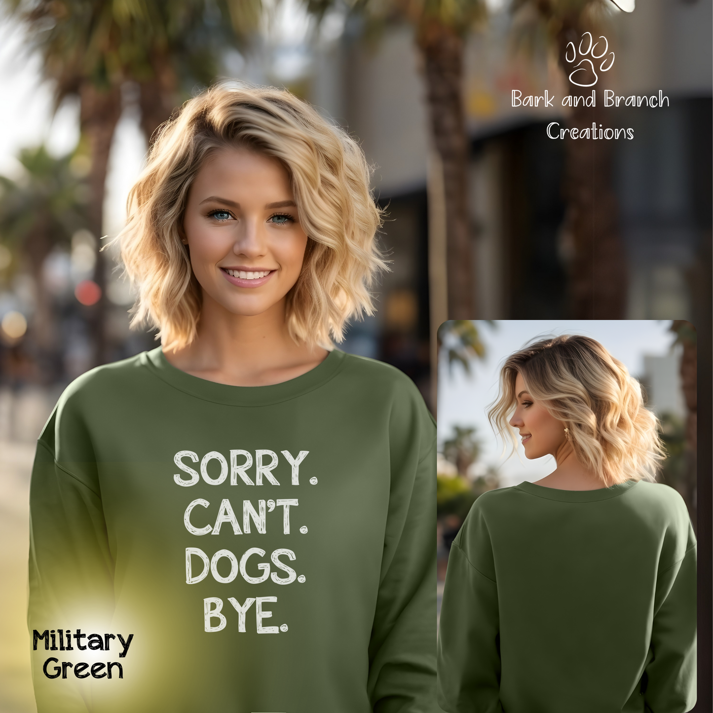 Funny Dog Crew Sweatshirt | Sorry. Dogs. Can’t. Bye. | Dog Lover Gift | Dog Mom | Dog Dad | Support Puppy Mill Rescue Efforts