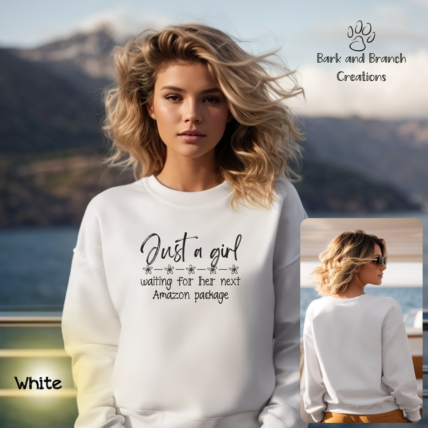 Funny Sweatshirt | Just a Girl Waiting on her Next Amazon Package | Soft Crewneck | Perfect Gift | Online Shopper | Amazon Addict