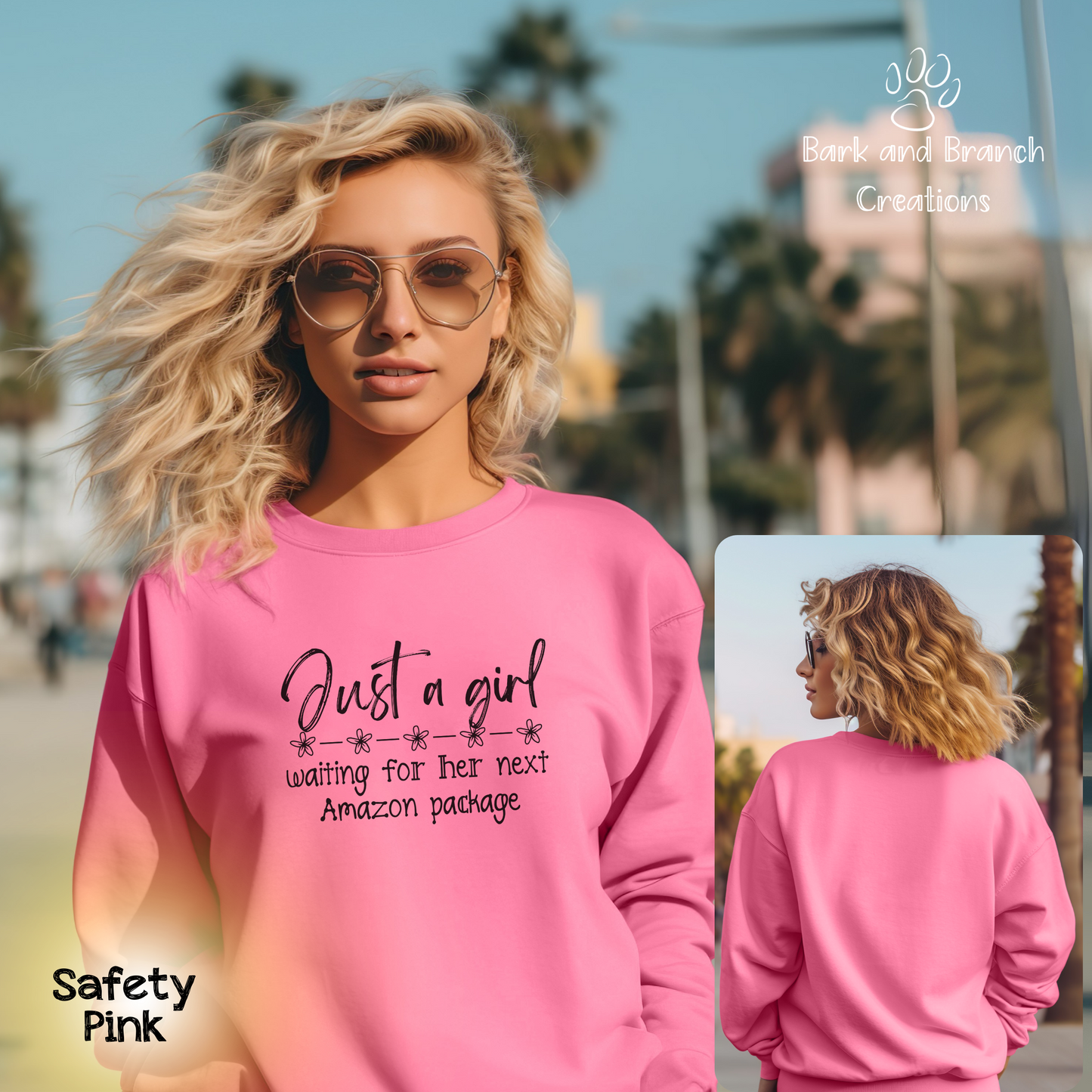 Funny Sweatshirt | Just a Girl Waiting on her Next Amazon Package | Soft Crewneck | Perfect Gift | Online Shopper | Amazon Addict