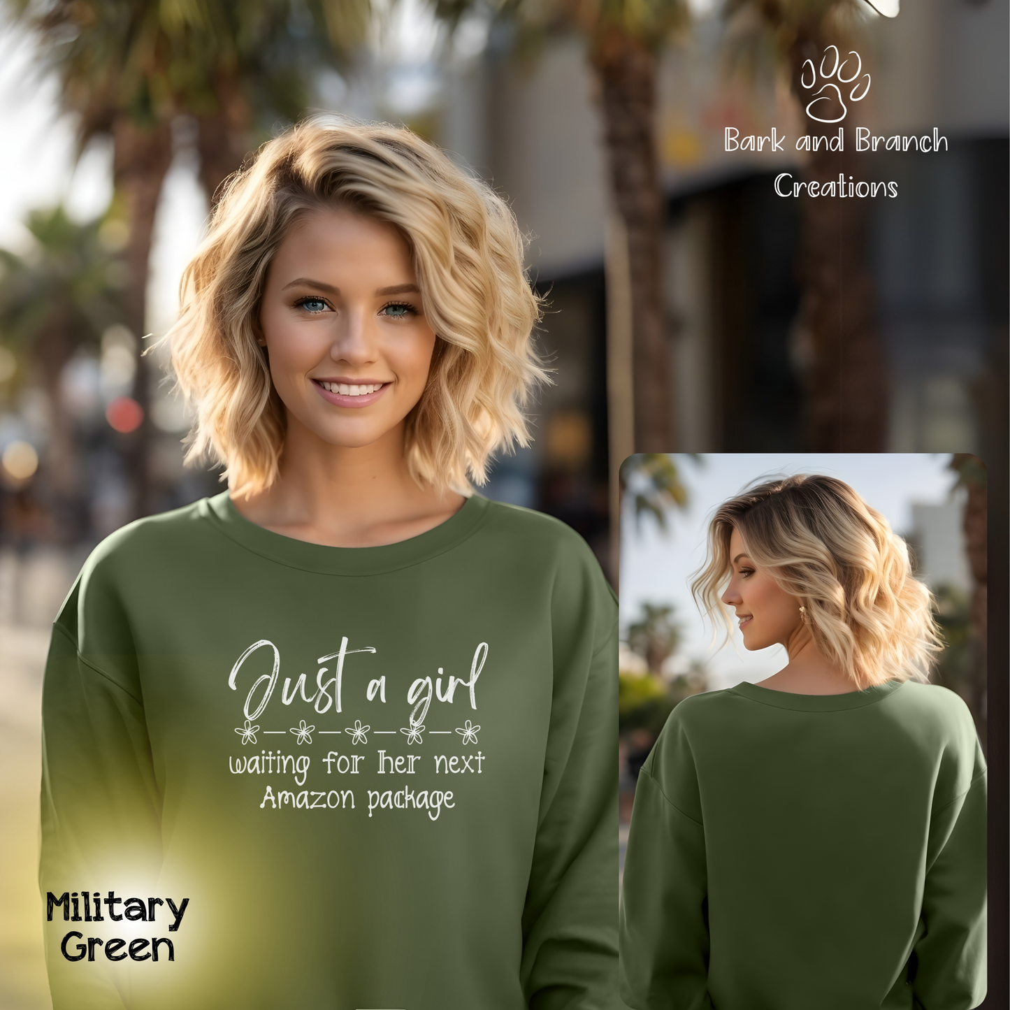 Funny Sweatshirt | Just a Girl Waiting on her Next Amazon Package | Soft Crewneck | Perfect Gift | Online Shopper | Amazon Addict