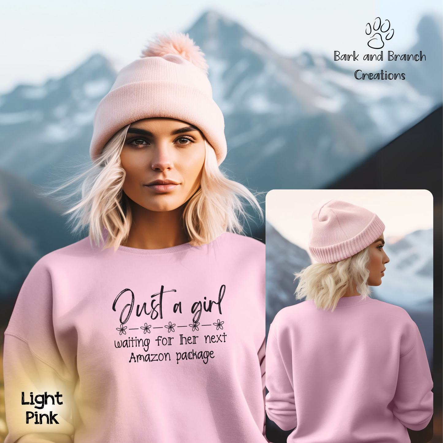 Funny Sweatshirt | Just a Girl Waiting on her Next Amazon Package | Soft Crewneck | Perfect Gift | Online Shopper | Amazon Addict