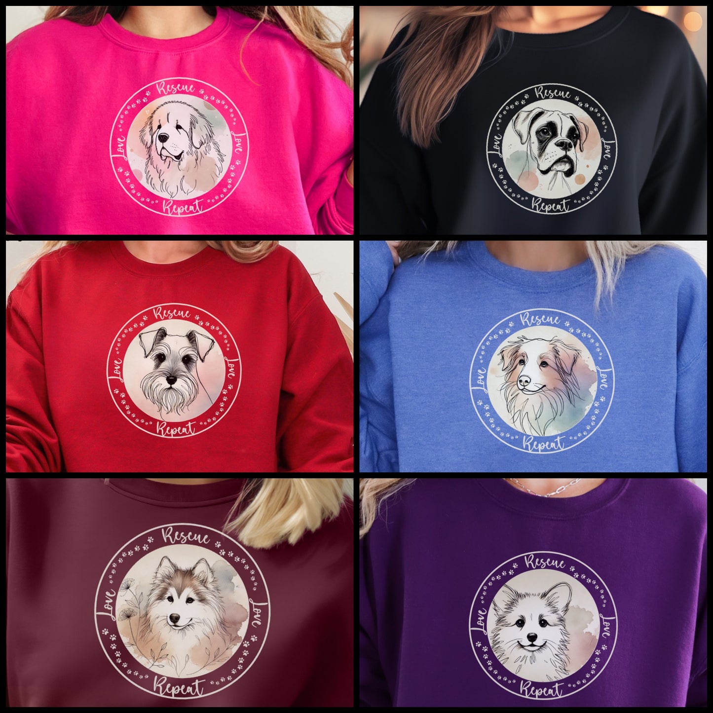 Rescue Love Repeat Crewneck Sweatshirt | Variety of Breeds | Dog Mom Dad Gift | Dog Lover | Support Rescue Efforts